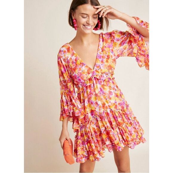 MISA Los Angeles Yasemin Bright Pink Orange Yellow Floral Chiffon Bell Sleeve Mi - Picture 1 of 16